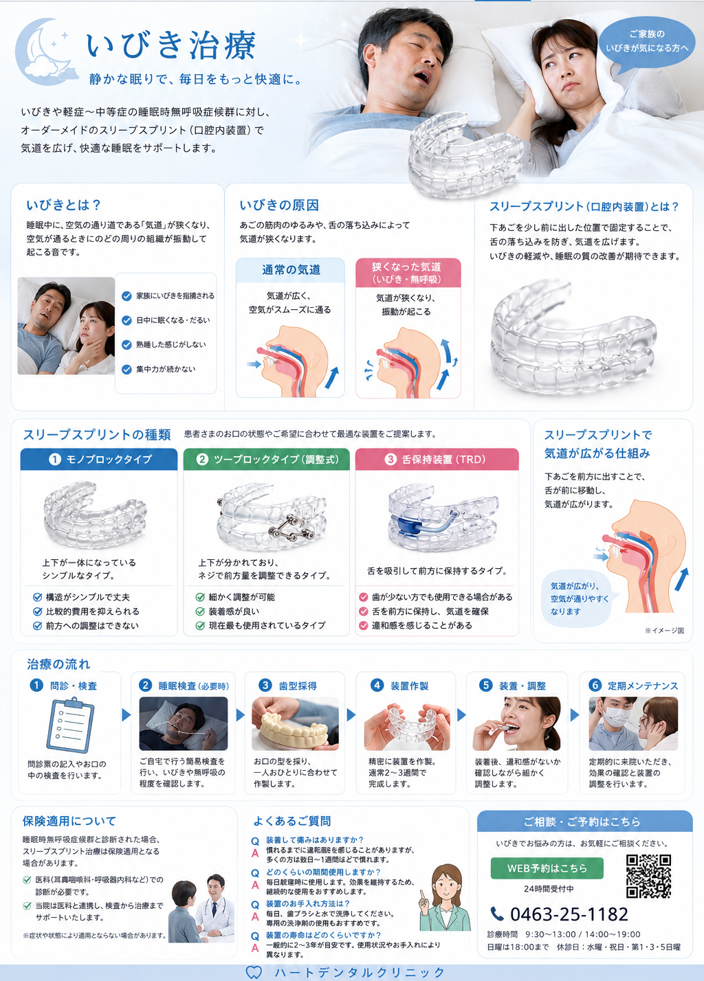 いびき治療、スリープスプリントの種類、治療の流れ、保険適用、よくある質問をまとめたハートデンタルクリニックの案内ページ